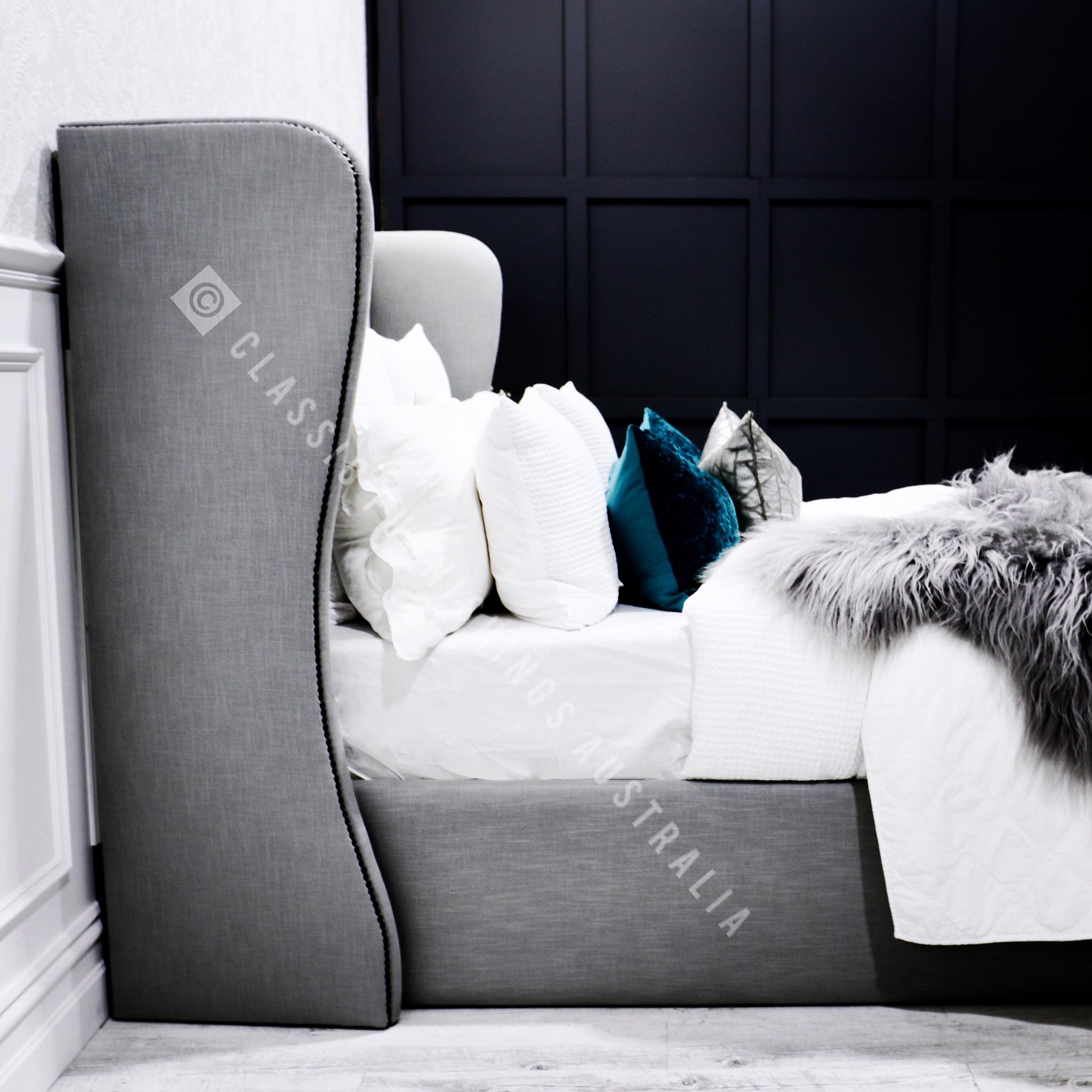 wing bed head, wing bedhead, upholstered beds, upholstered bedheads